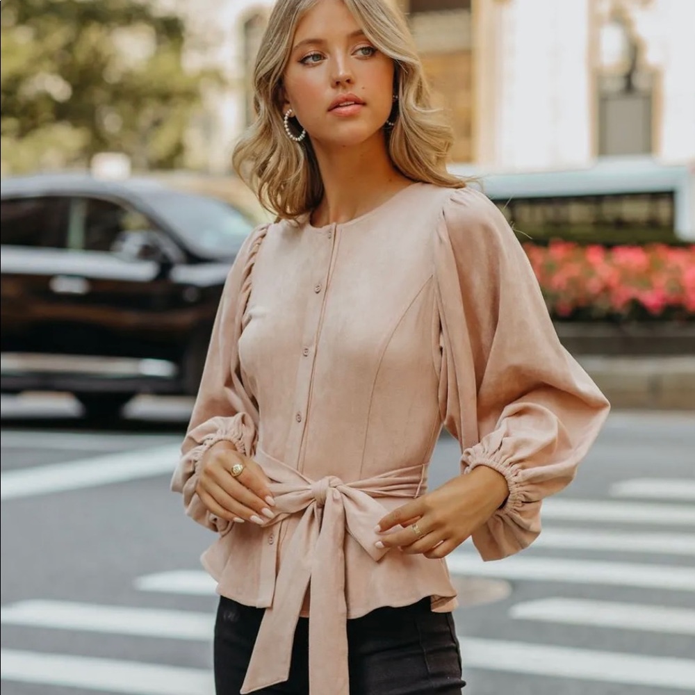 LIONEL FAUX SUEDE BALLOON SLEEVE PEPLUM BLOUSE from Vici Collection.